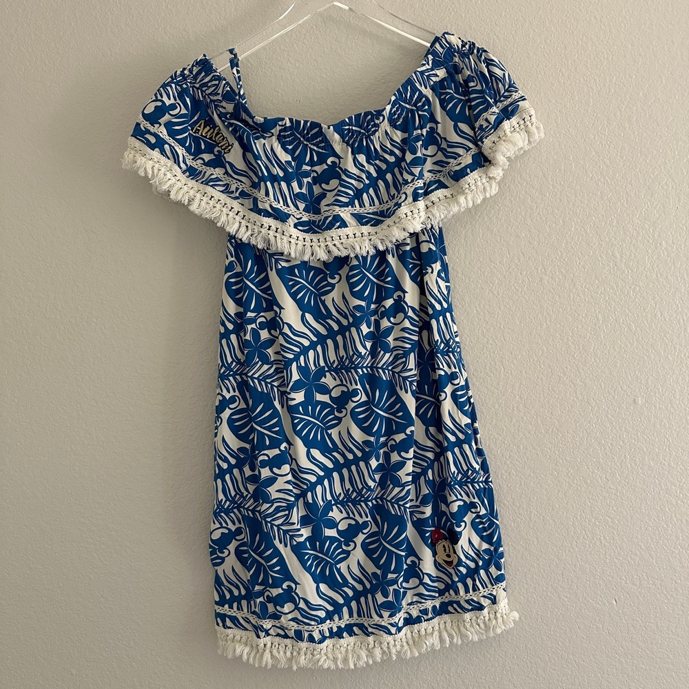 Aulani Disney Resort Dress Kids Medium Blue White Tropical Floral Fringe Mickey